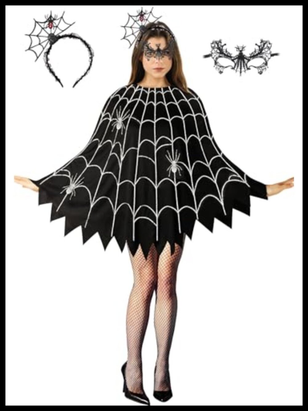 Spider Web Poncho Costume Set with Headband & Lace Mask One Size